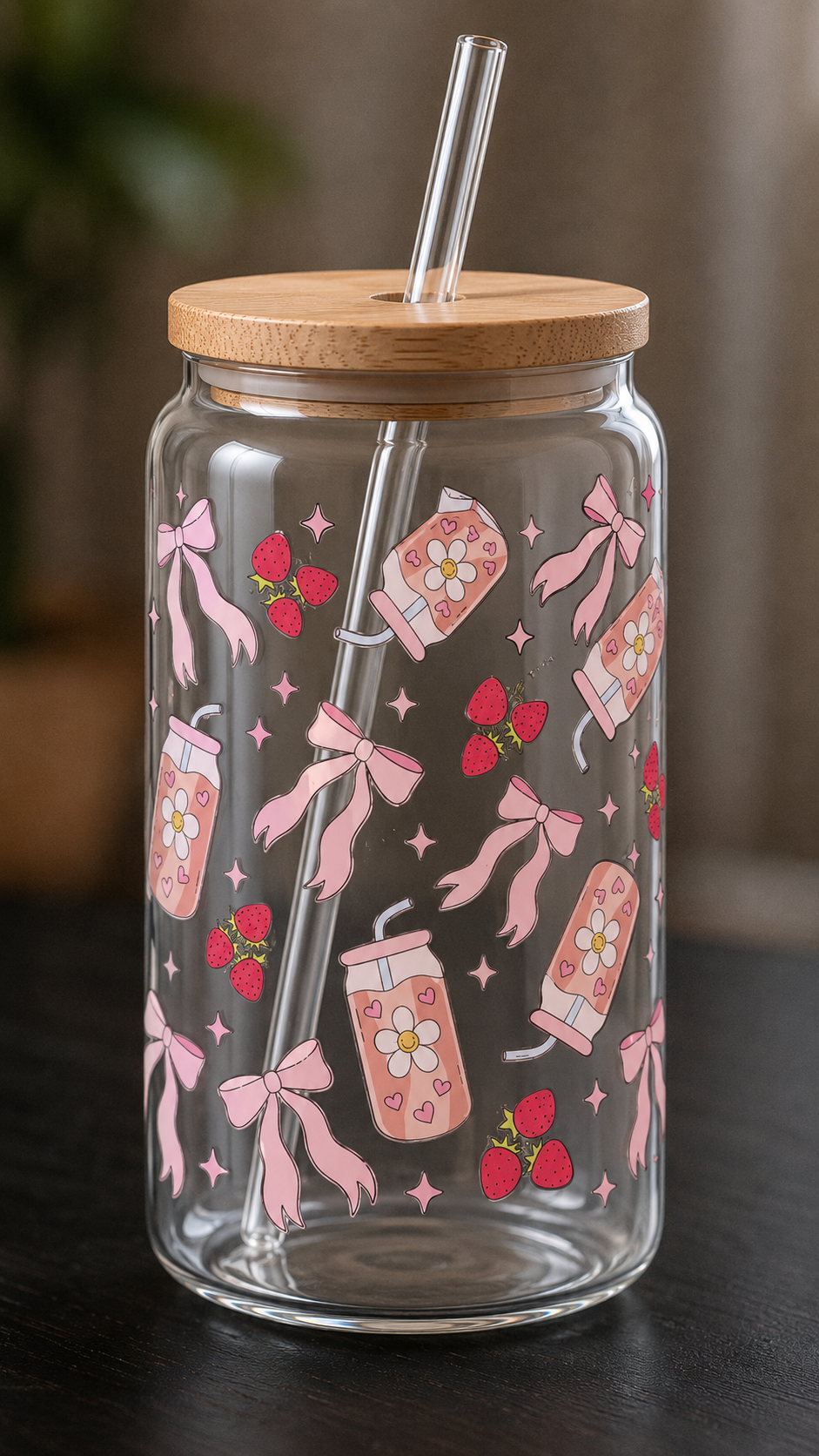 Pink bows & Strawberry Libby jar 16oz