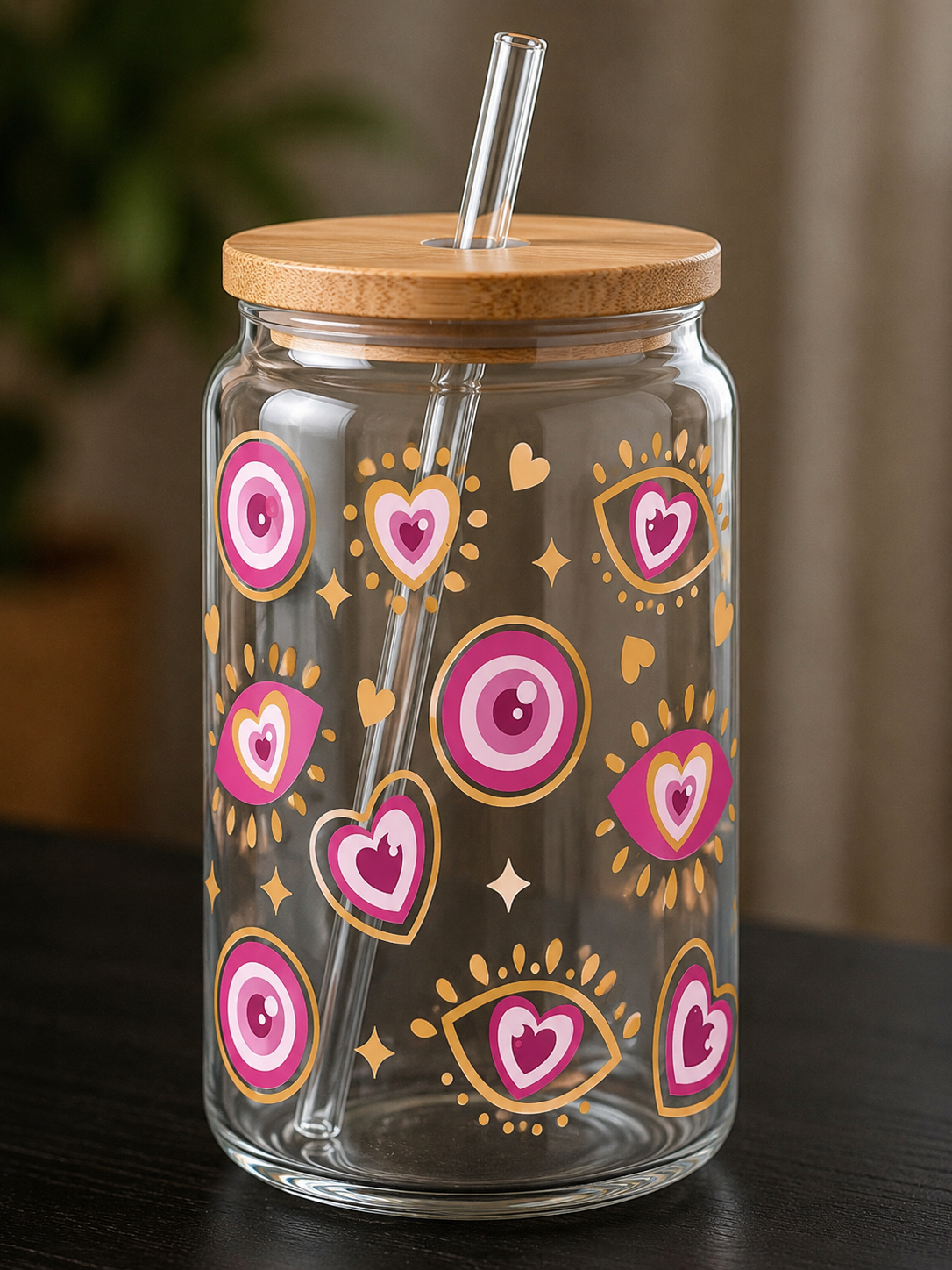 Evil eyes & pink hearts Libby jar 16 oz