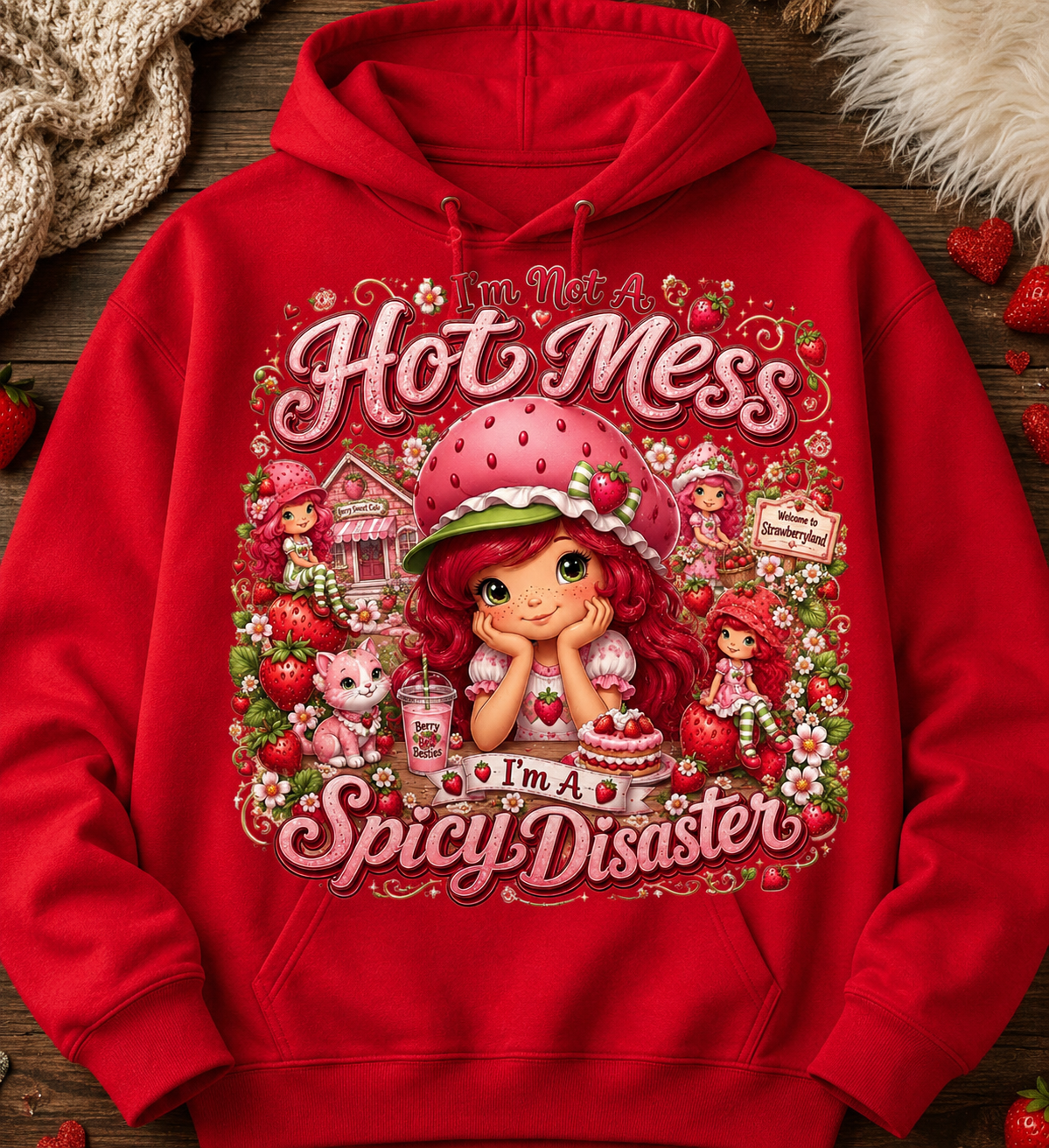 I am not a hot mess I’m a spicy disaster HOODIE (strawberry shortcake )