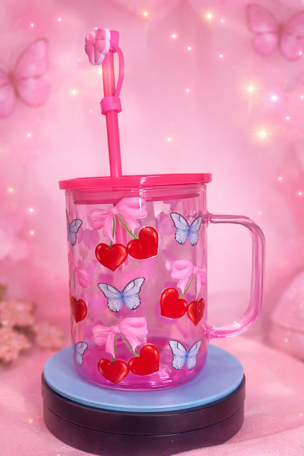 Cherry Bow Pink ombré glass mug